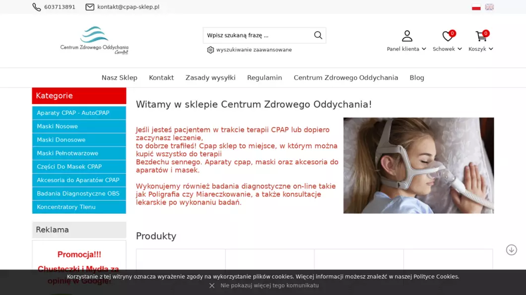 Sklep z przyrządami do CPAP - Centrum Zdrowego Oddychania - zrzut ekranu