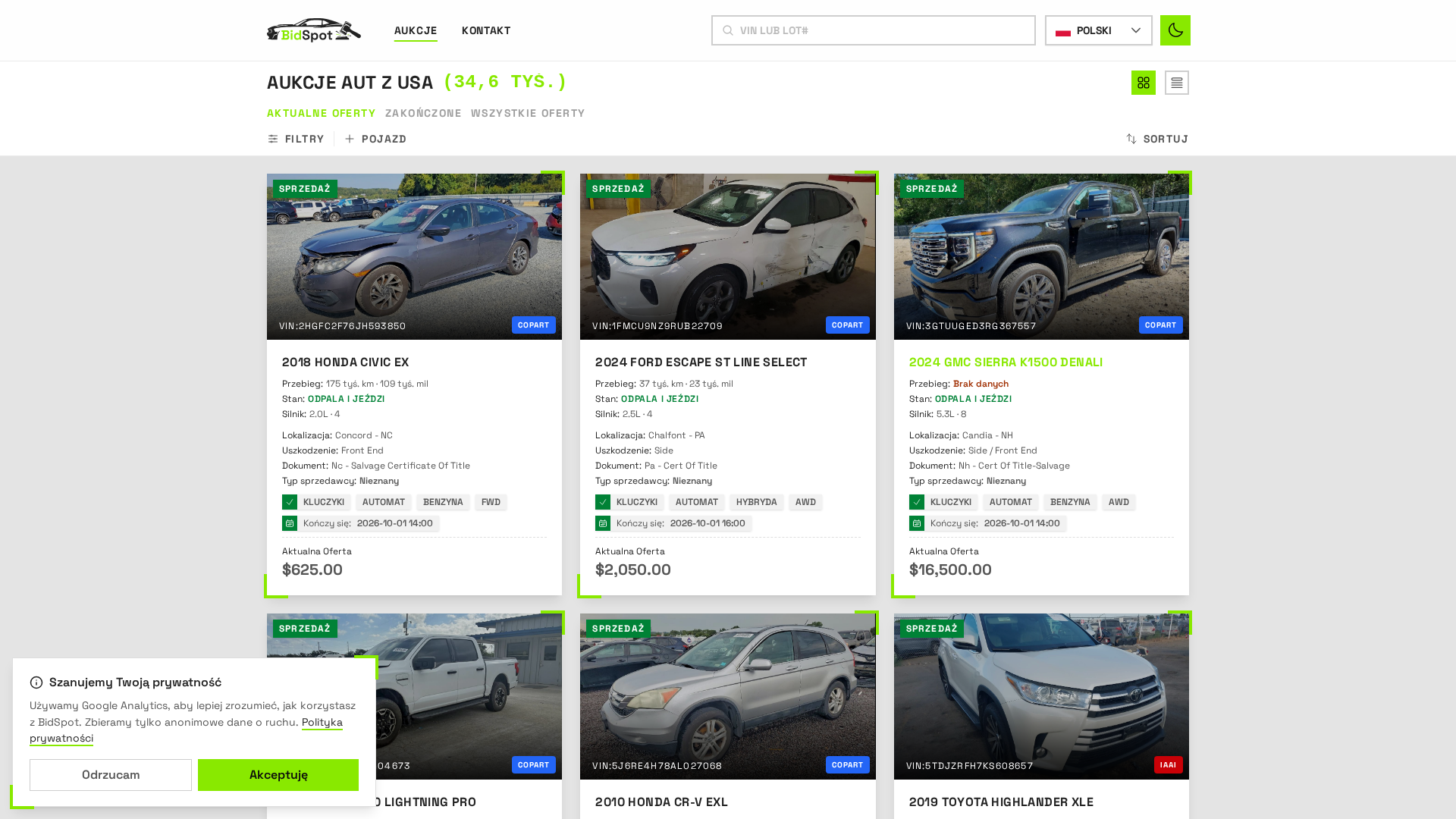 Import, sprowadzenia aut z USA | BidSpot - zrzut ekranu